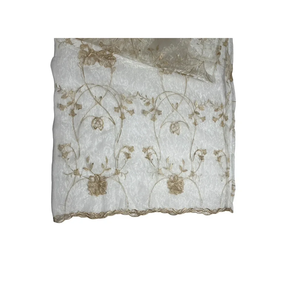 Single Embroidered Gossamer Net Curtain Panel w/ Attached Valance Gold Ivory
